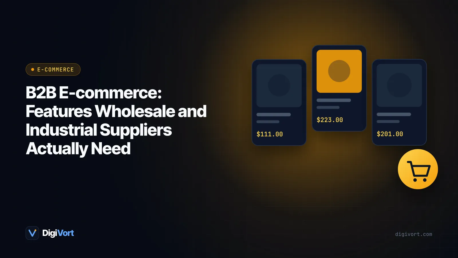 Illustration of a wholesale buyer reviewing a bulk order and price list on a laptop beside warehouse shelving