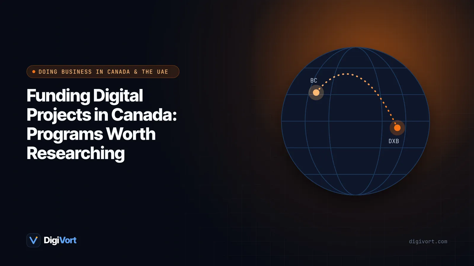 Illustration of a Canadian small business owner planning a digital project with a laptop, a maple leaf funding document and coins stacked beside it