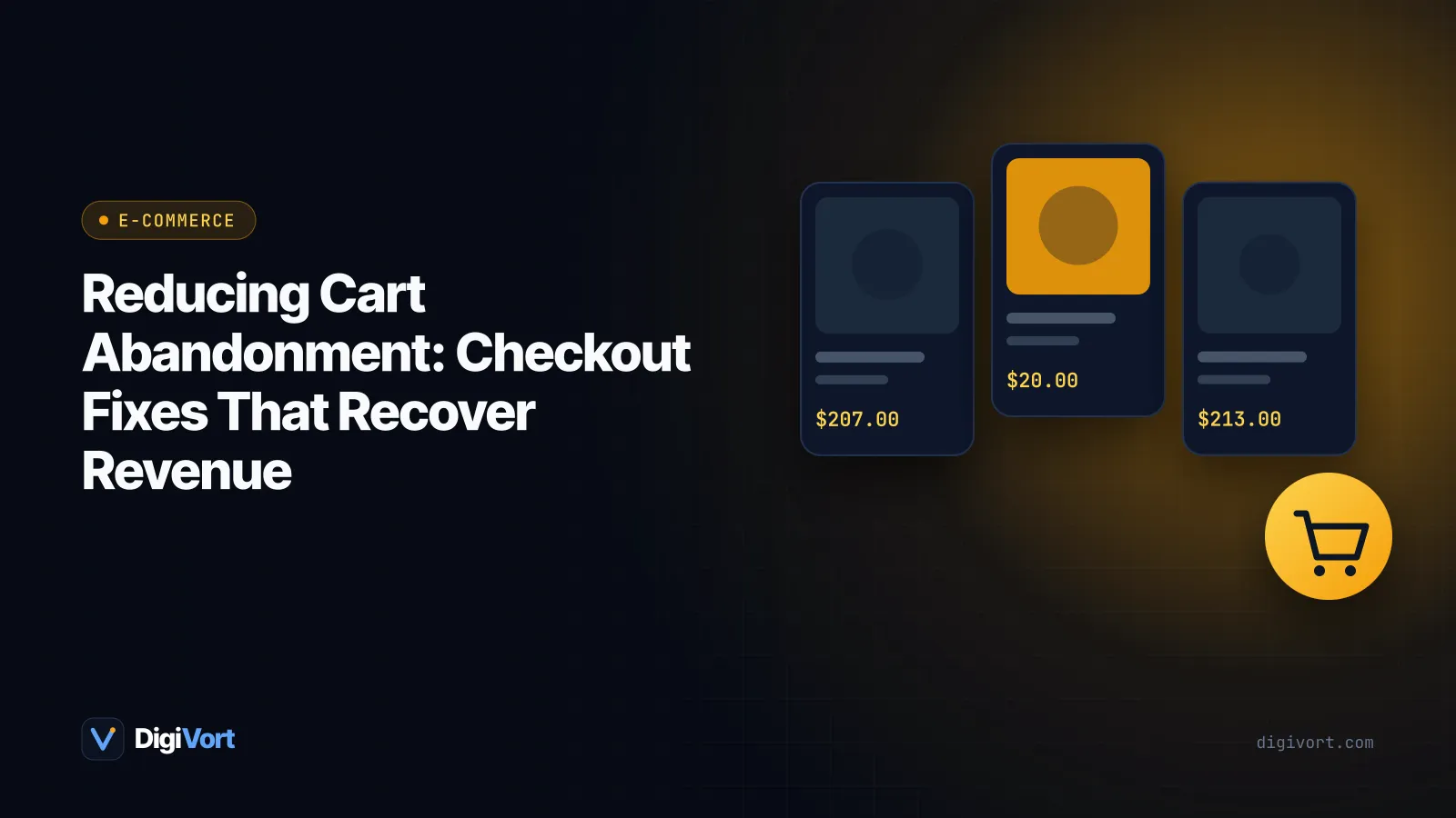 Illustration of an abandoned shopping cart beside a streamlined checkout form with fewer fields