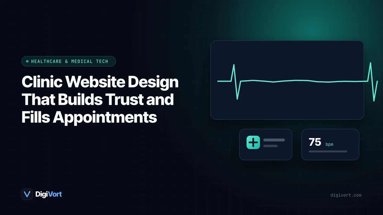 Illustration of a friendly clinic website on desktop and mobile with practitioner photos, service cards and a book appointment button