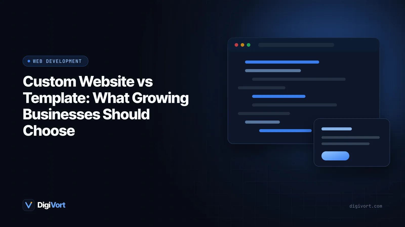 Illustration comparing a generic template layout with a tailored custom website wireframe on a designer's desk