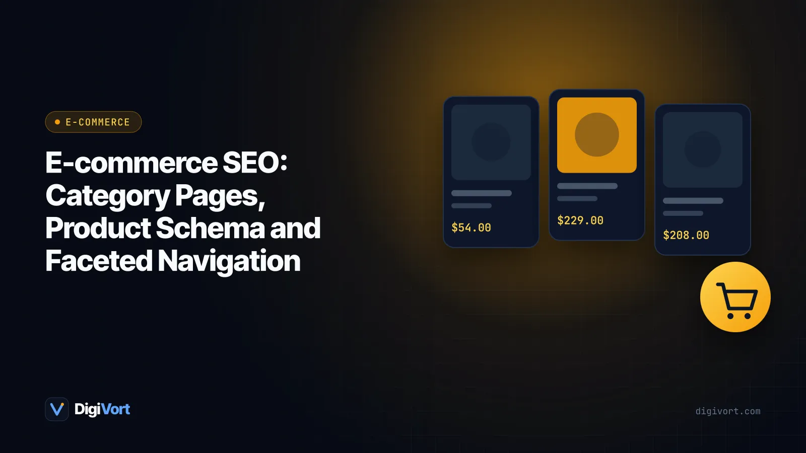 Illustration of a store category page with filter options connected to a search results page showing rich product snippets