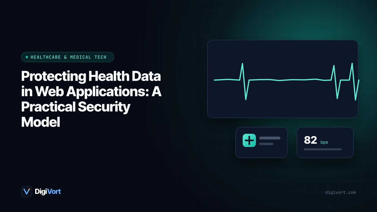 Illustration of layered security around a health record: a shield, padlock, audit log list and user roles surrounding a medical file icon