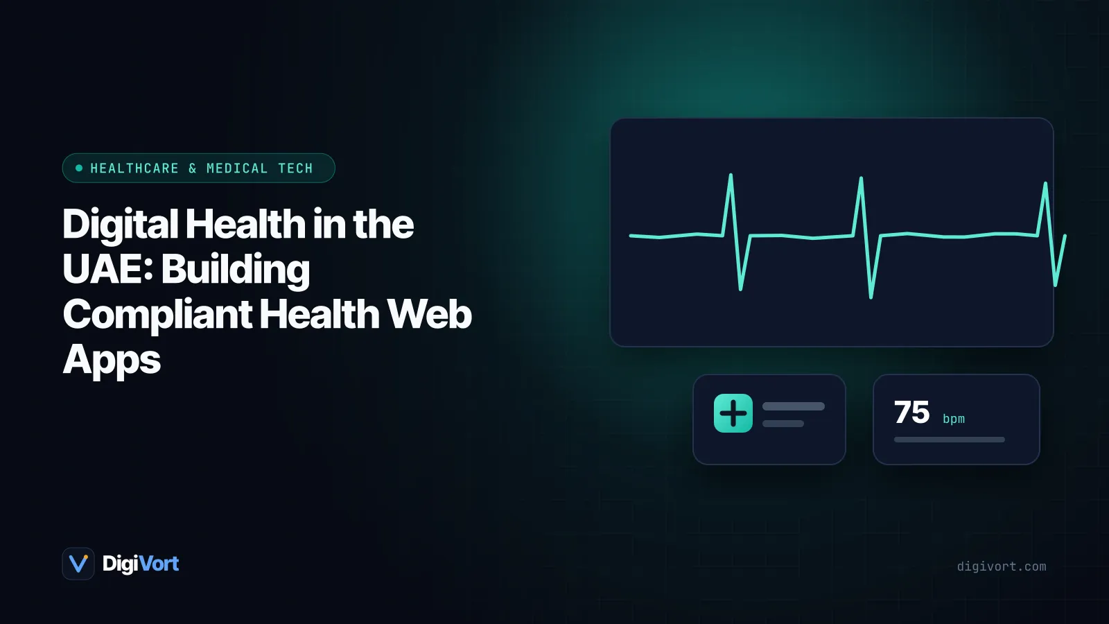 Illustration of a bilingual Arabic and English health web app on a phone with the Dubai skyline and a data protection shield in the background