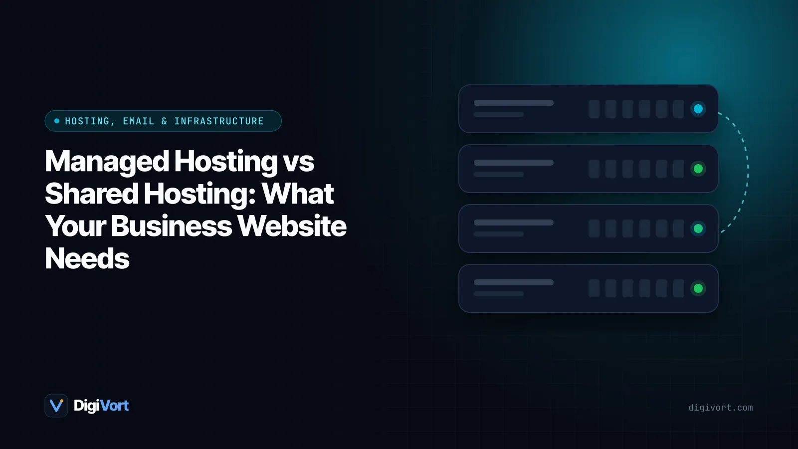 Illustration comparing a crowded shared server building with a dedicated, monitored managed hosting environment
