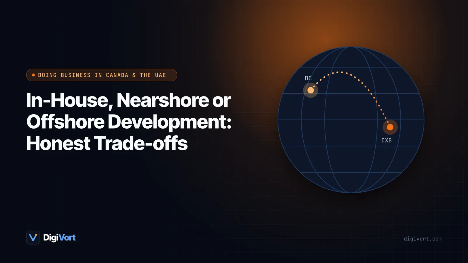 Illustration of three connected teams on a world map representing in-house, nearshore and offshore software development, linked by time zone clocks