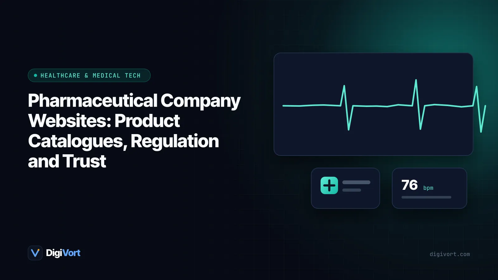 Illustration of a pharmaceutical company website with medicine product cards, a healthcare professional gate and document icons