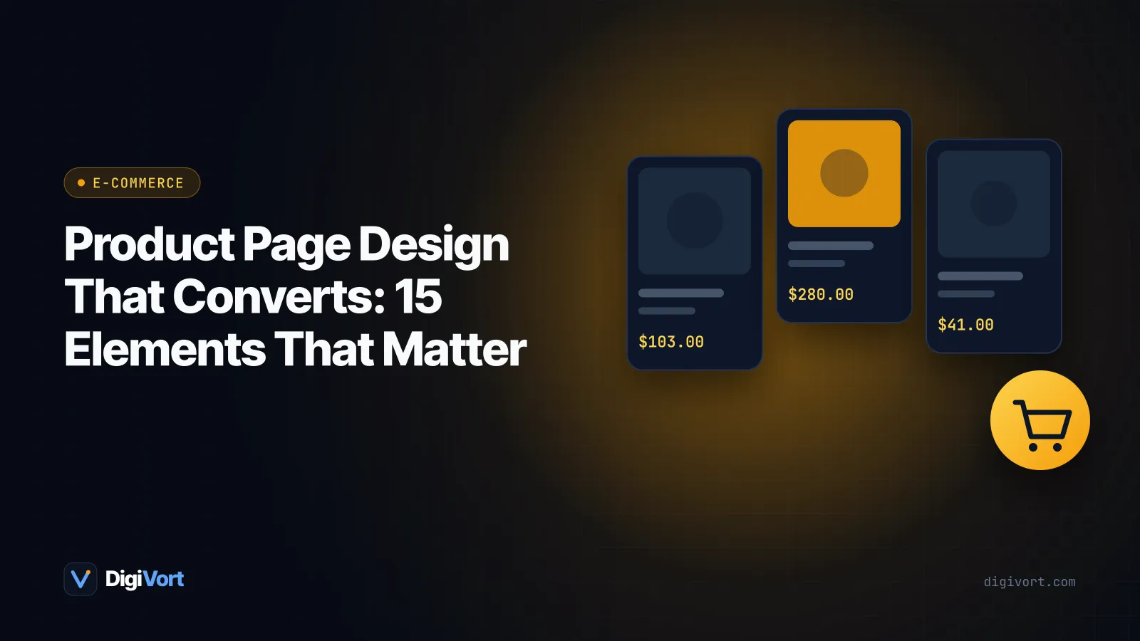 Illustration of an annotated product page showing gallery, price, add-to-cart button, reviews and delivery details
