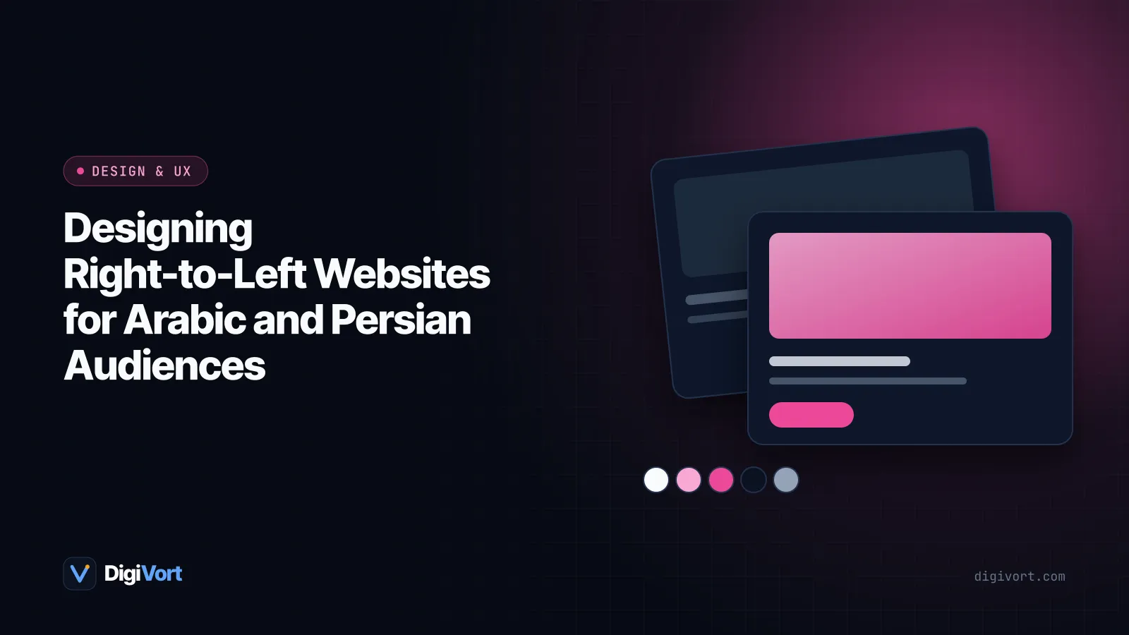 Illustration of two mirrored website layouts side by side, one in English left-to-right and one in Arabic right-to-left, with arrows showing reading direction