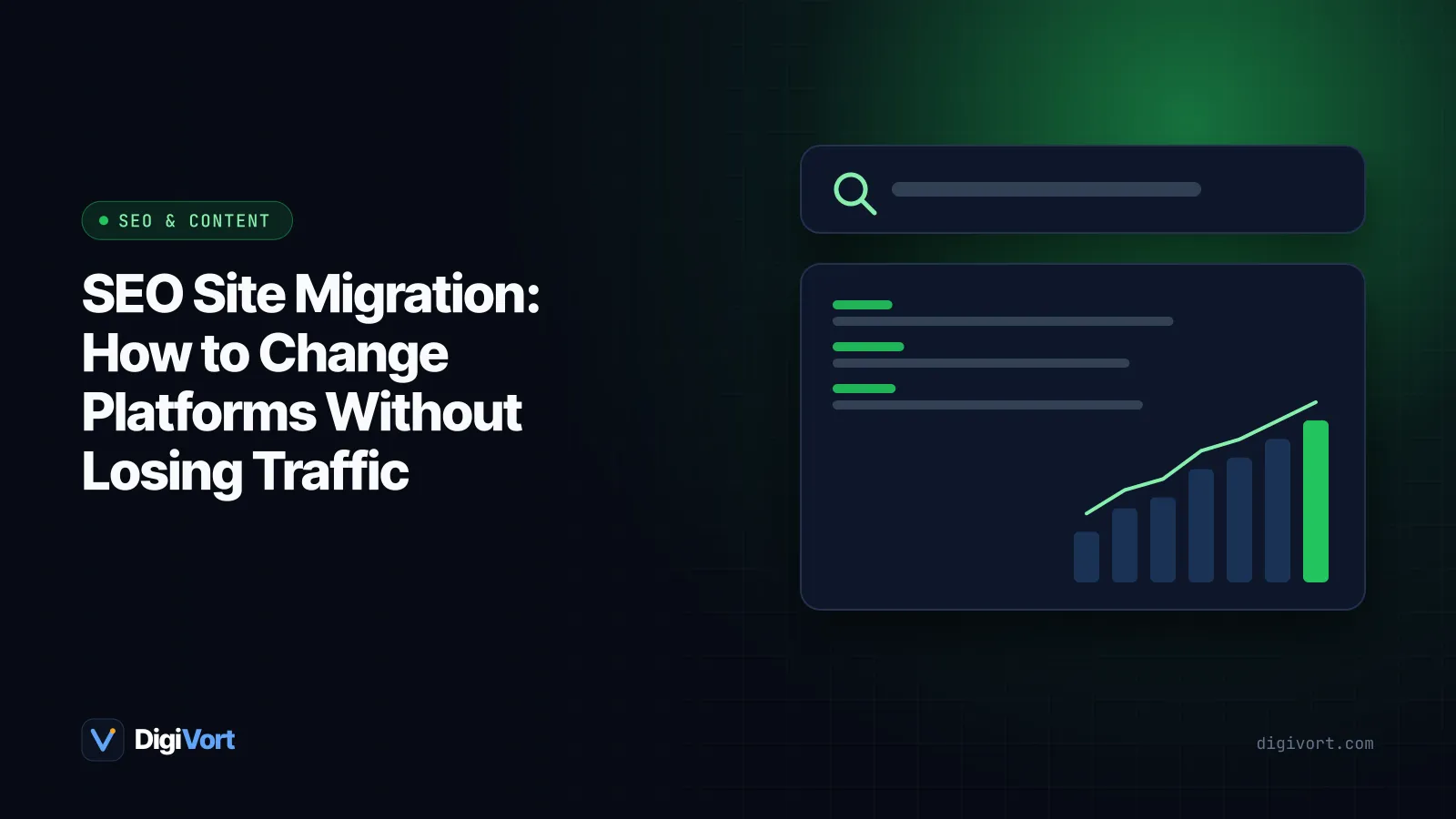 Illustration of pages moving along arrows from an old website to a new one, with a redirect map and a stable traffic graph