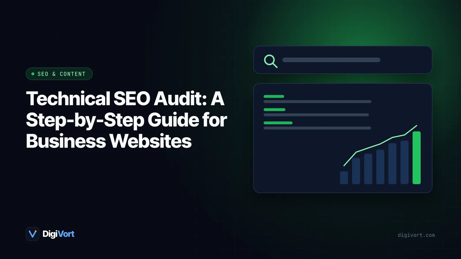 Illustration of a magnifying glass over a website wireframe with crawl paths, a sitemap tree and a speed gauge