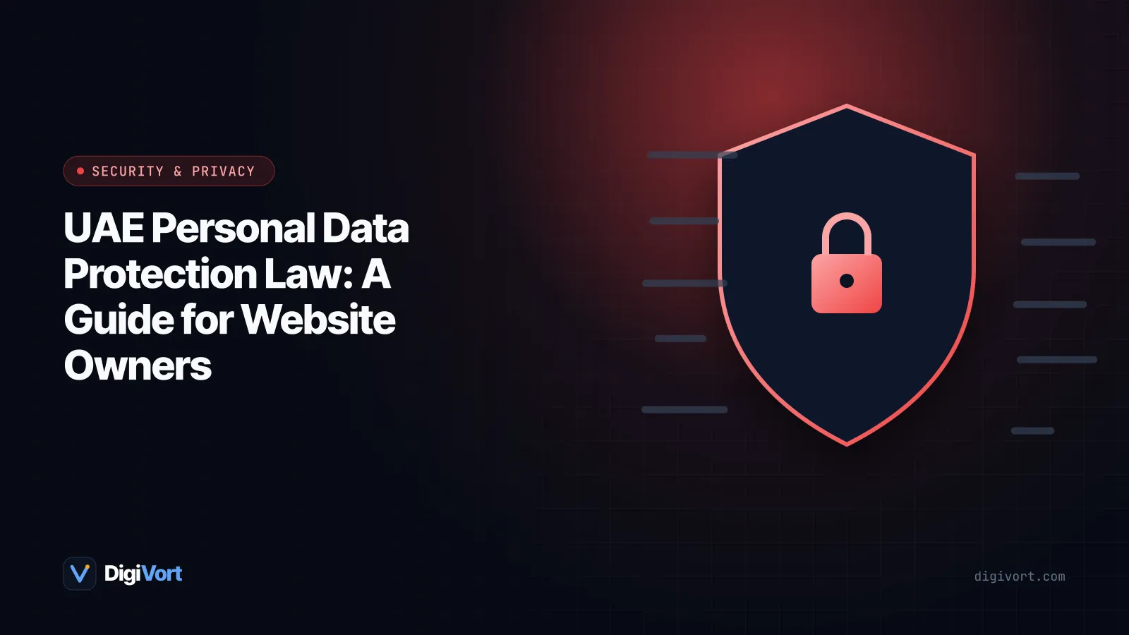 Illustration of a Dubai skyline behind a website window with a shield, padlock and personal data icons