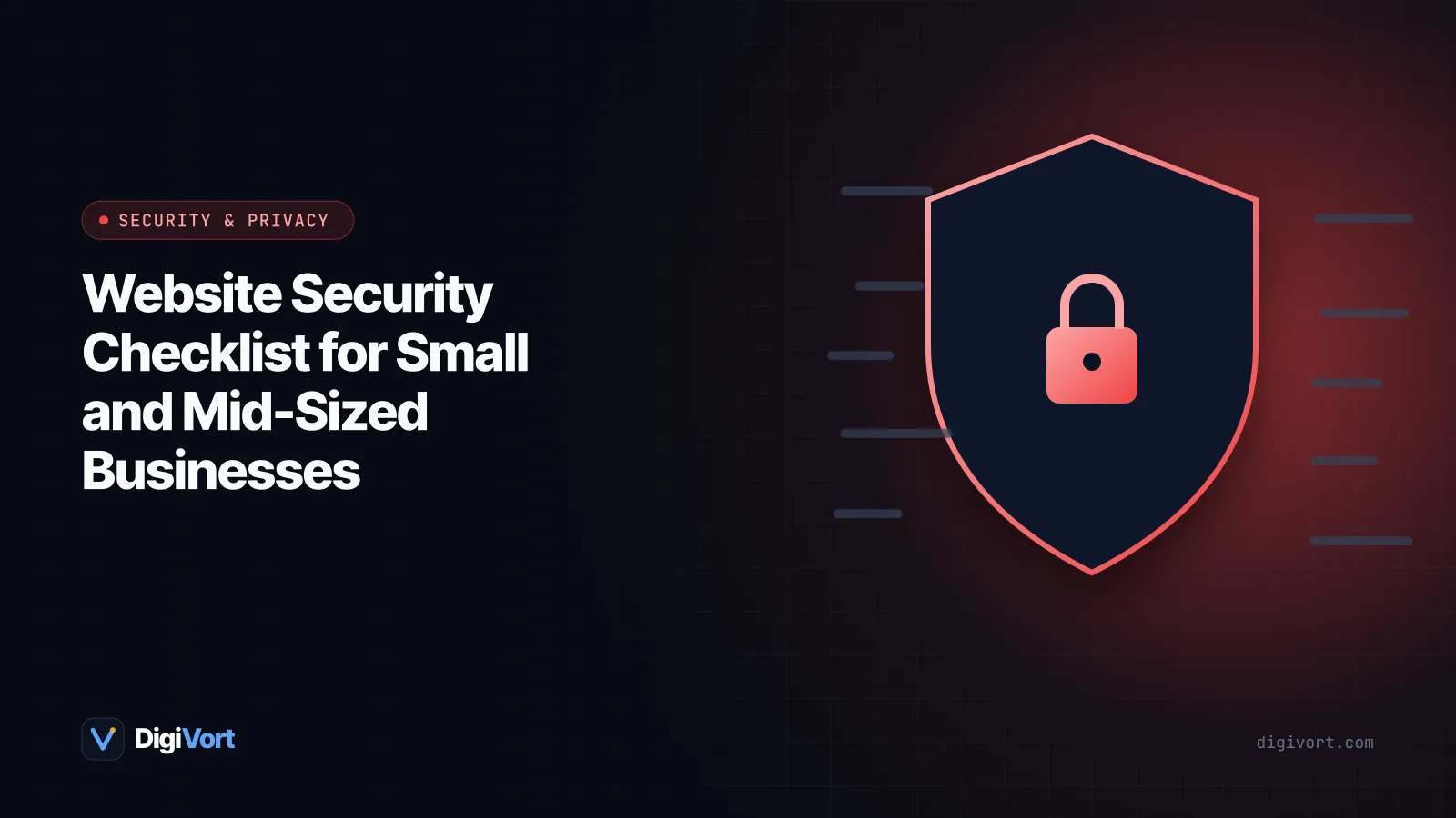 Illustrated checklist on a clipboard beside a shielded browser window, a padlock and a server rack