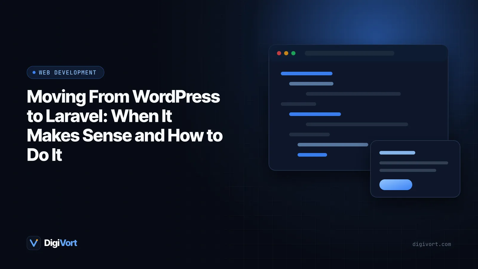 Illustration of content blocks moving from a WordPress dashboard to a custom Laravel admin panel along a guided path